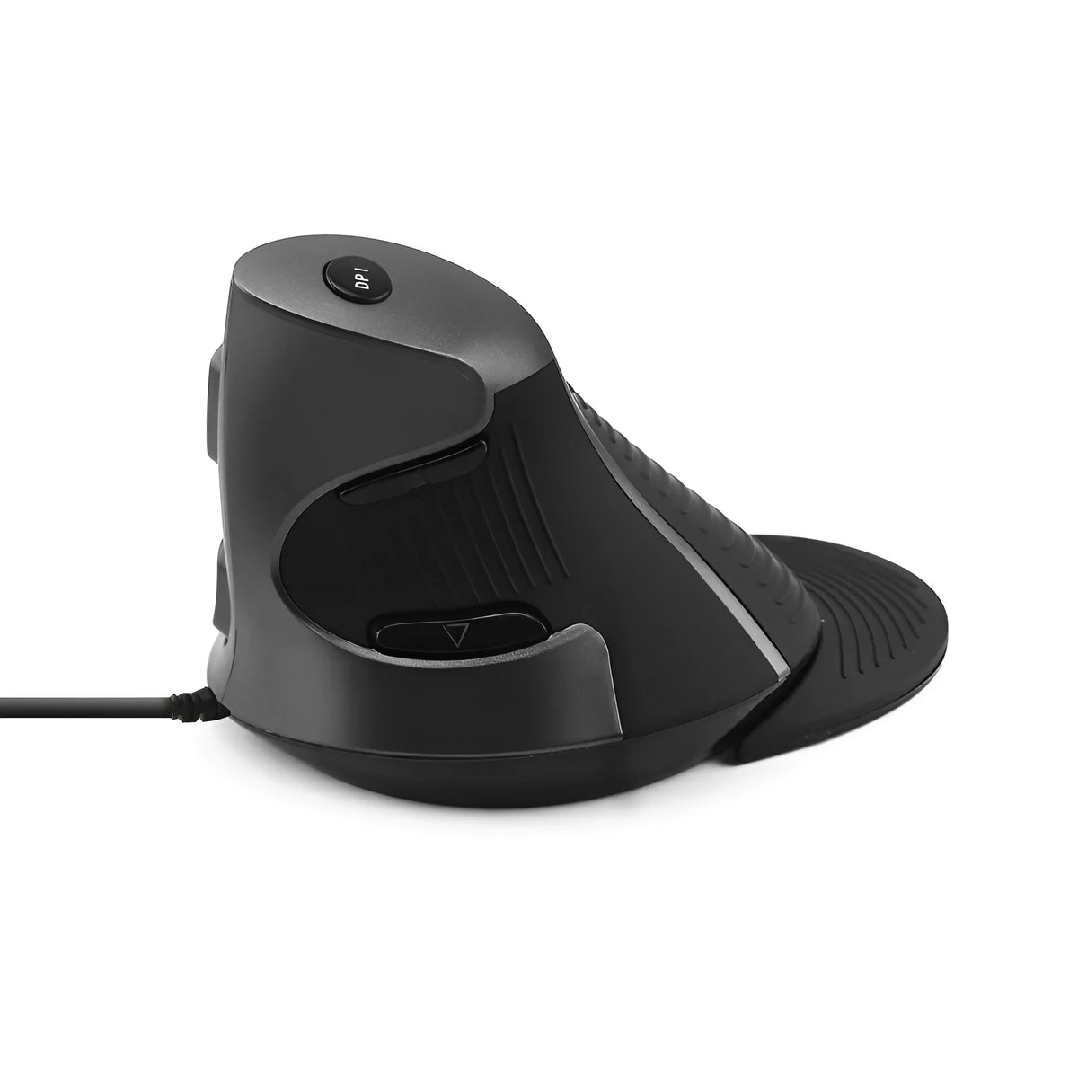 Black wired vertical ergonomic optical mouse for desktop computers on a desk