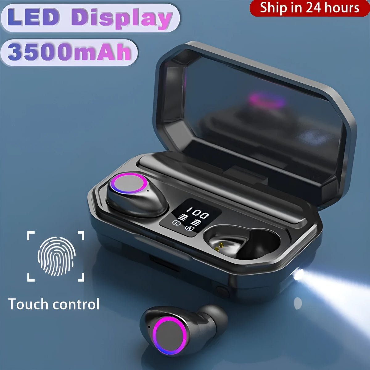 Black wireless Bluetooth earbuds with LED power display on charging case.