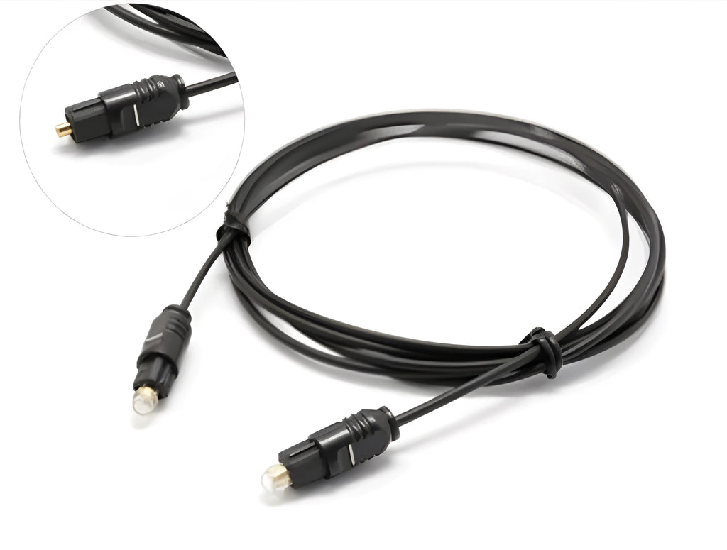 OD2.2 digital audio optical fibre cable with slim 2.2mm profile and Toslink connectors.