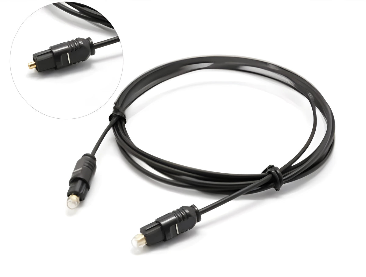 OD2.2 digital audio optical fibre cable with slim 2.2mm profile and Toslink connectors.