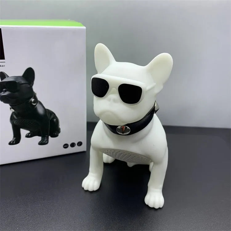 Mini bulldog-shaped Bluetooth speaker in black, red or white colours showing compact design
