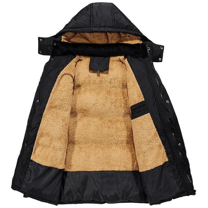 Men's black velvet-lined padded jacket with double-breasted placket and hood in loose fit
