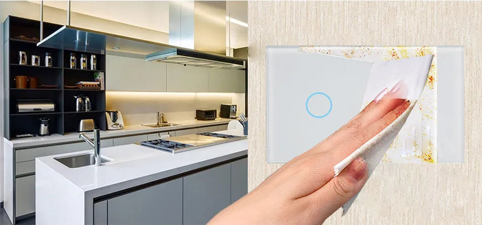 White 2-gang RF remote control wall switch with tempered glass touch panel and LED indicators