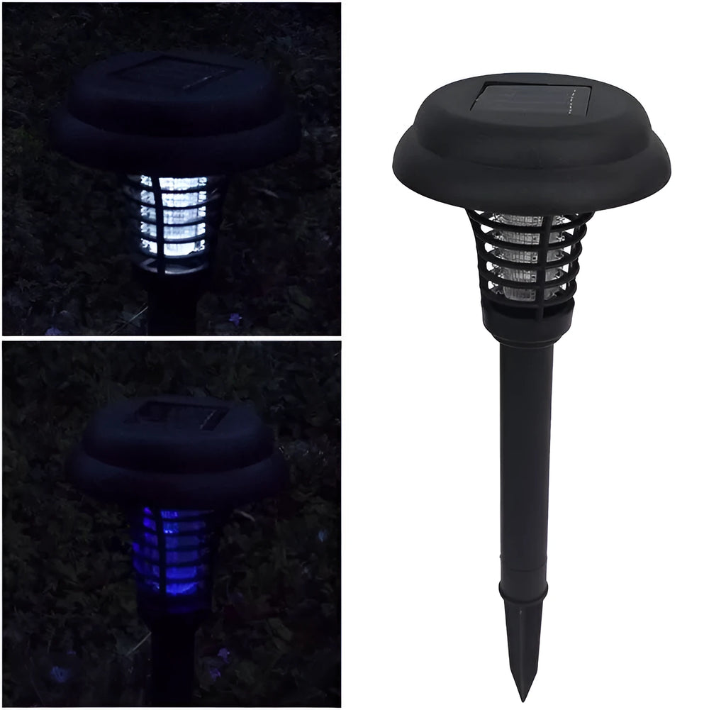 Black solar-powered insect-killing lawn lamp with white and purple LED lights for garden pest control.