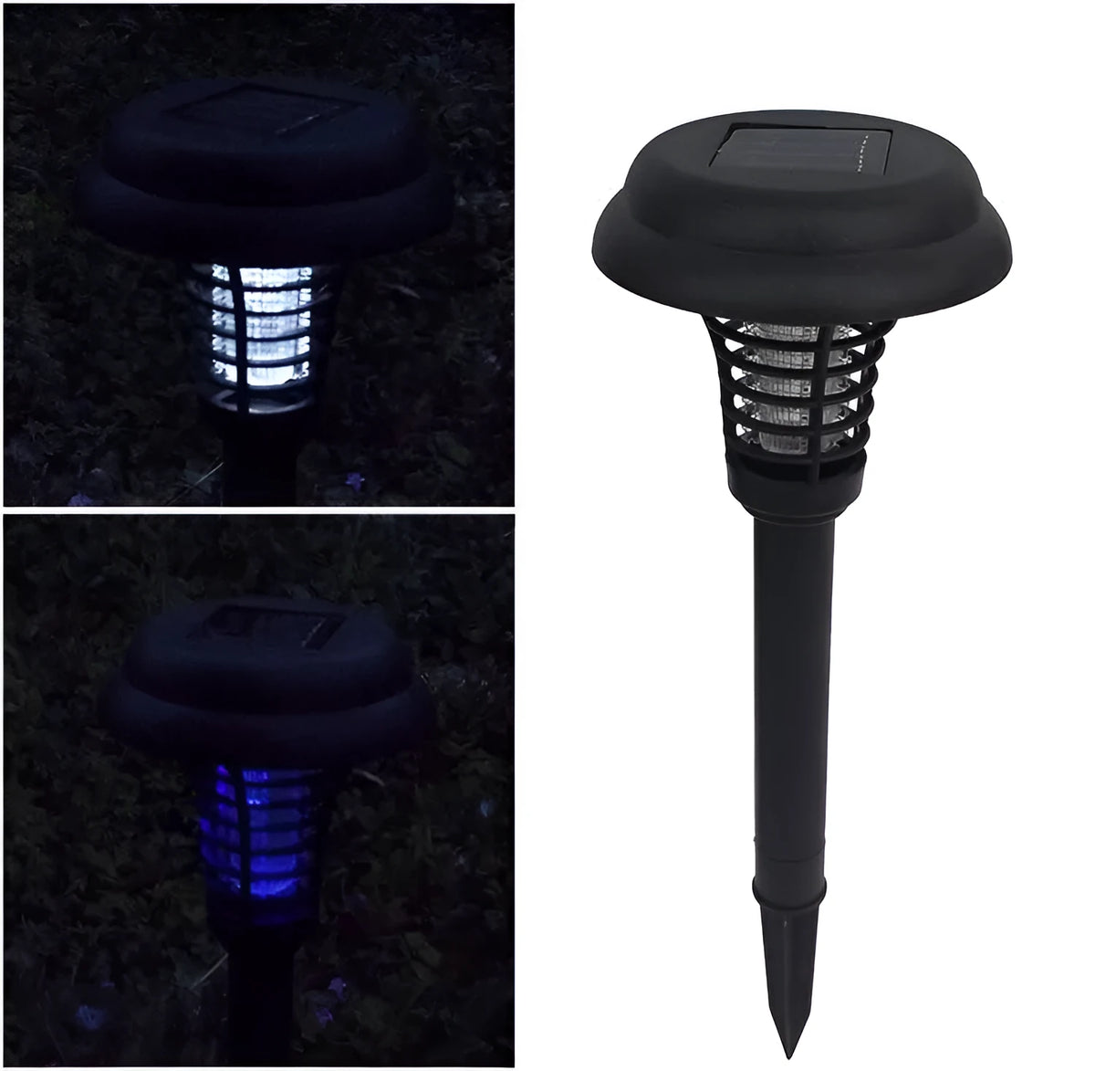 Black solar-powered insect-killing lawn lamp with white and purple LED lights for garden pest control.