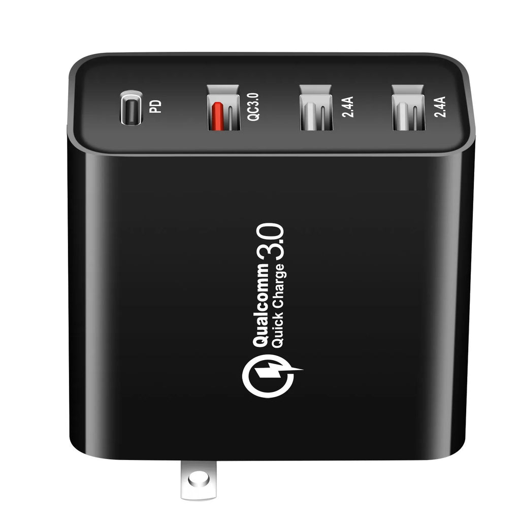 Four-port USB-C wall charger with LED light in black or white colours showing UK, EU, US and AU plug variants