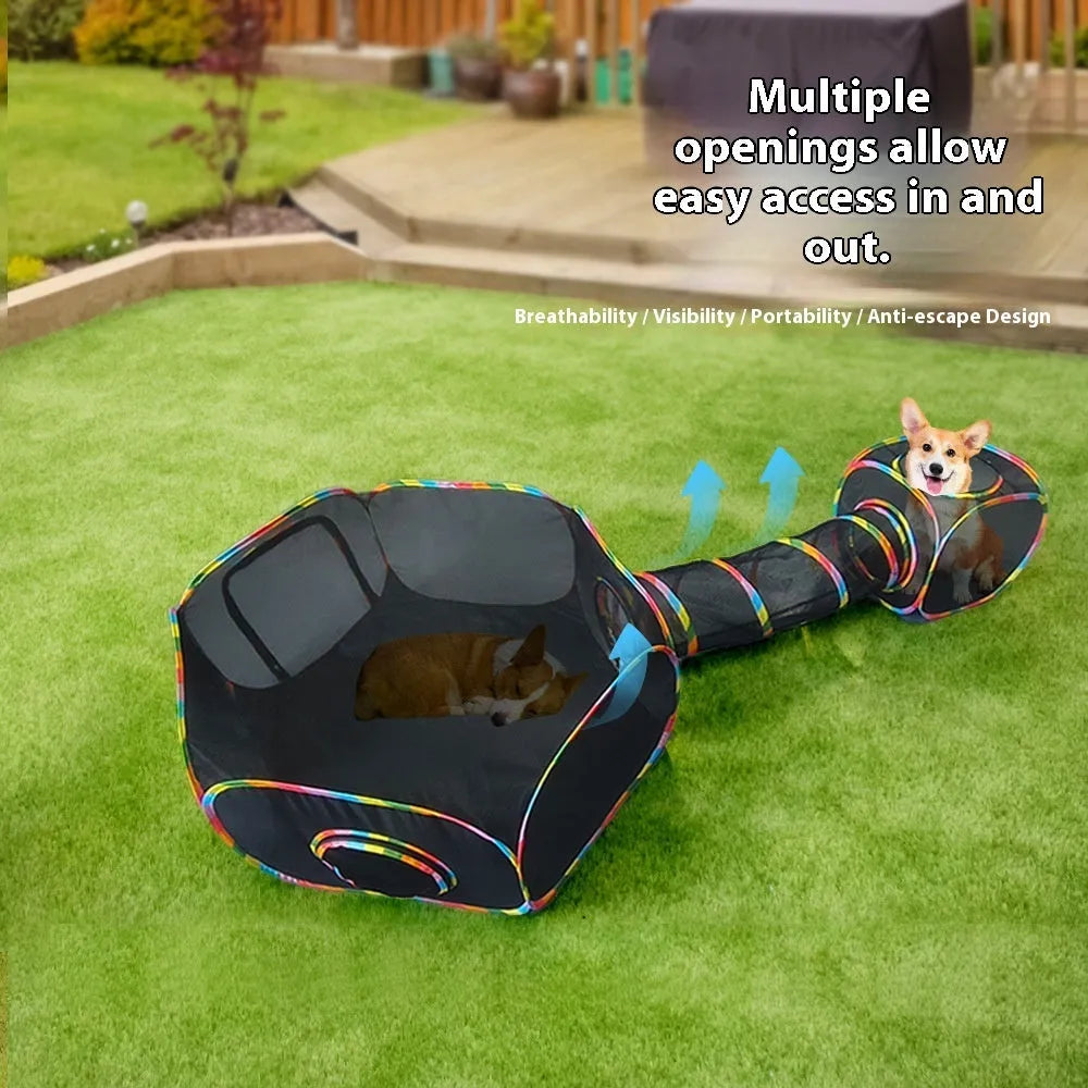 Foldable mesh cat cage in hexagonal style showing breathable fabric and collapsible design