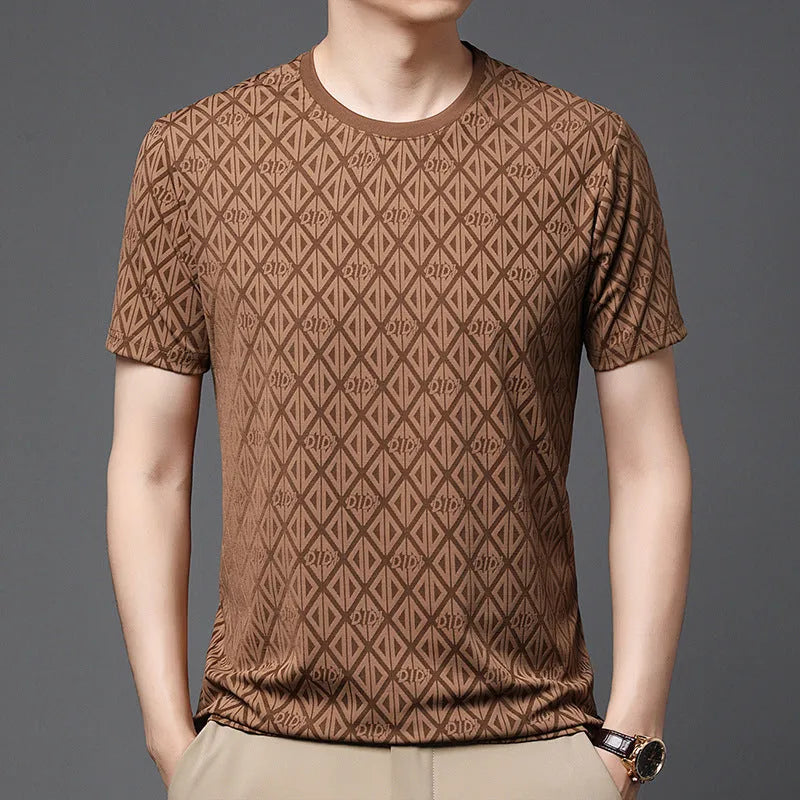 Man wearing a loose fit black jacquard short sleeve ice silk t-shirt.