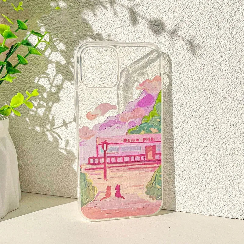 iPhone mobile phone case with two cat cartoon design on PC rear cover