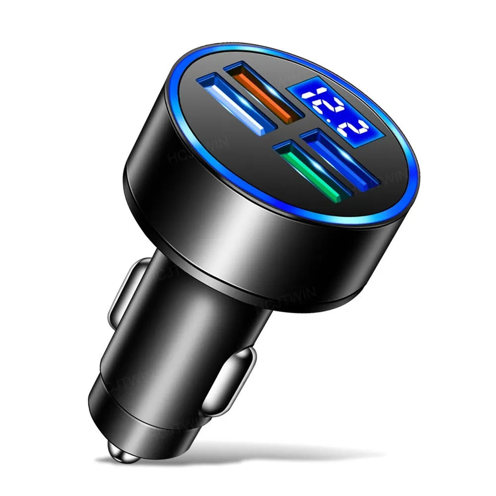 Black multi-port car charger with four USB ports for vehicle cigarette lighter socket