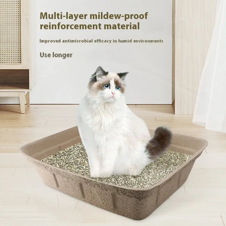 Brown disposable biodegradable cat litter box shown in three different size options for pet waste management