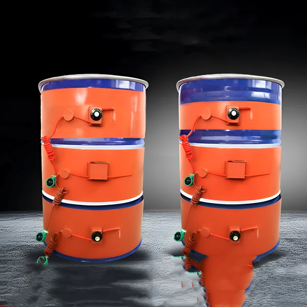 Silicone rubber heating belt wrapped around a 200-litre oil drum.