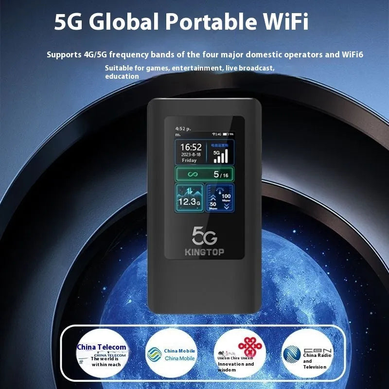 Black 5G portable Wi-Fi router with LCD display showing signal strength and battery level.