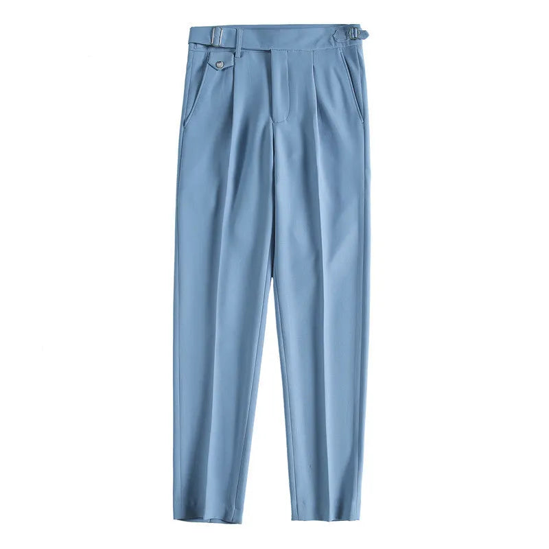 Straight-leg casual trousers in solid colour on a hanger, showing the classic cut and polyester fabric.