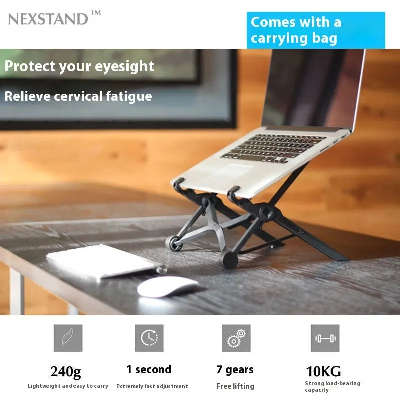 Sagacious black portable folding computer bracket showing adjustable height mechanism