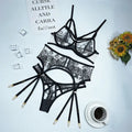 Black lace mesh women's three-piece set with floral print including top, pants and waist ring