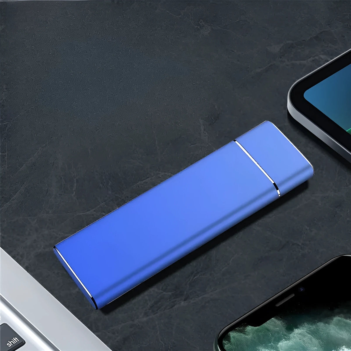 Sapphire blue portable external hard drive with metal shell showing USB connection cable