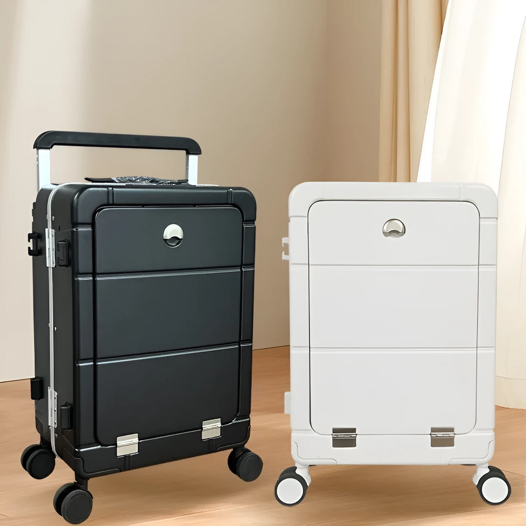 20-inch front opening hard-shell cabin suitcase in silver colour with visible cup holder and wet-dry separation zip.