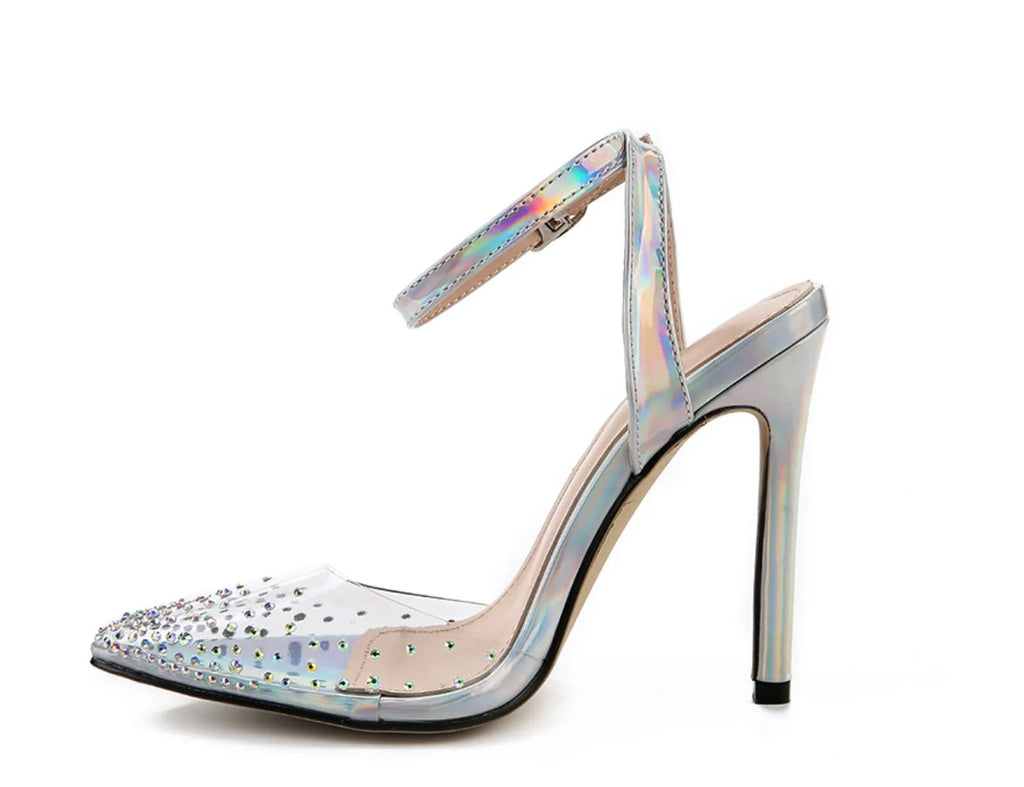 Women's pointed diamond sandals with stiletto heels in PVC material