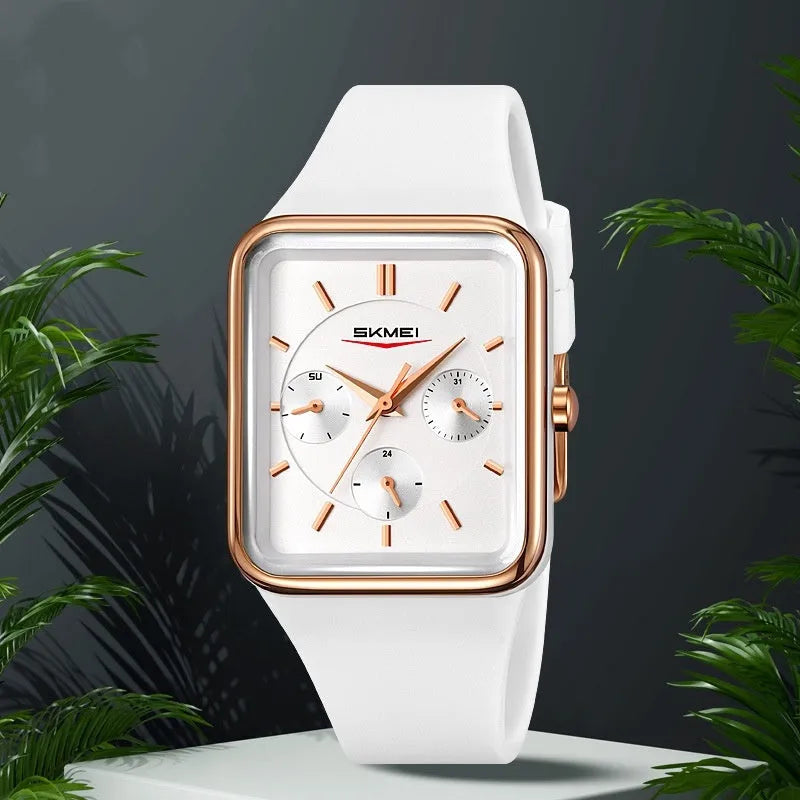 Square silicone waterproof watch for women in five colour options showing 10.8mm thickness