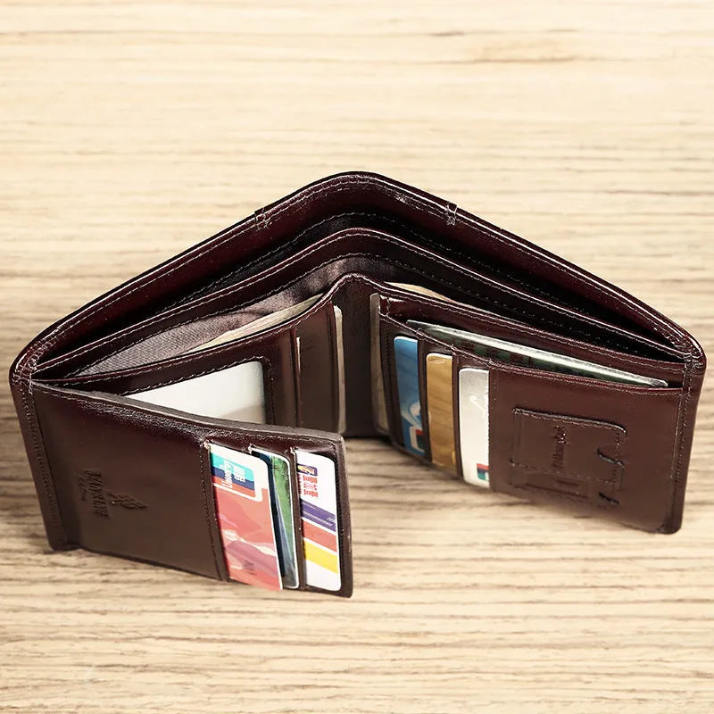 Men's brown leather wallet open to show card slots, ID window, coin pocket, and banknote fold.