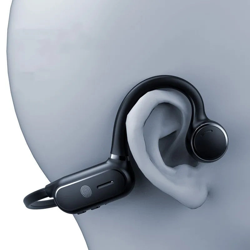 Black air conduction Bluetooth earphone with titanium alloy wire frame and ergonomic ear-hanging design