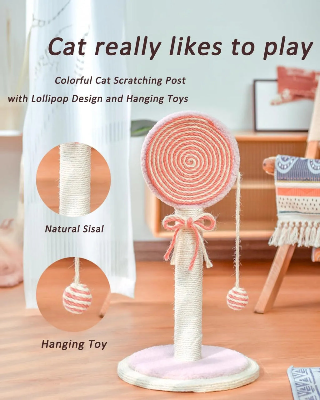 Blue cat scratching post with natural sisal rope and a hanging yellow ball toy on a stable wooden base.