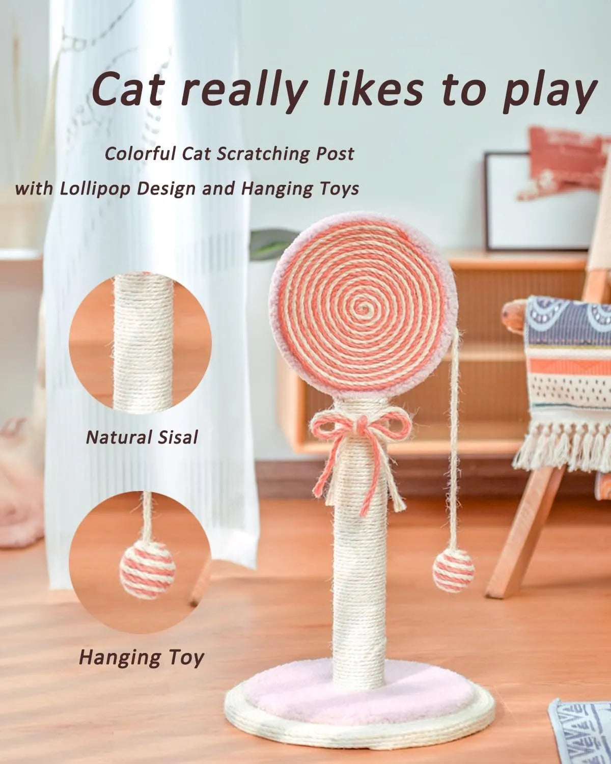 Blue cat scratching post with natural sisal rope and a hanging yellow ball toy on a stable wooden base.