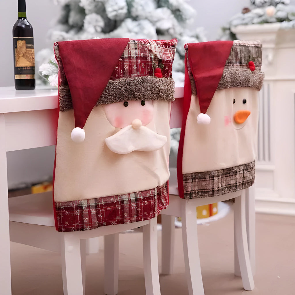 Christmas chair covers set showing Santa Claus, Snowman and Santa Hat designs on dining chairs