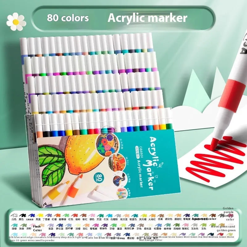 Box of multicolour acrylic marker pens for students, showing plastic bodies.