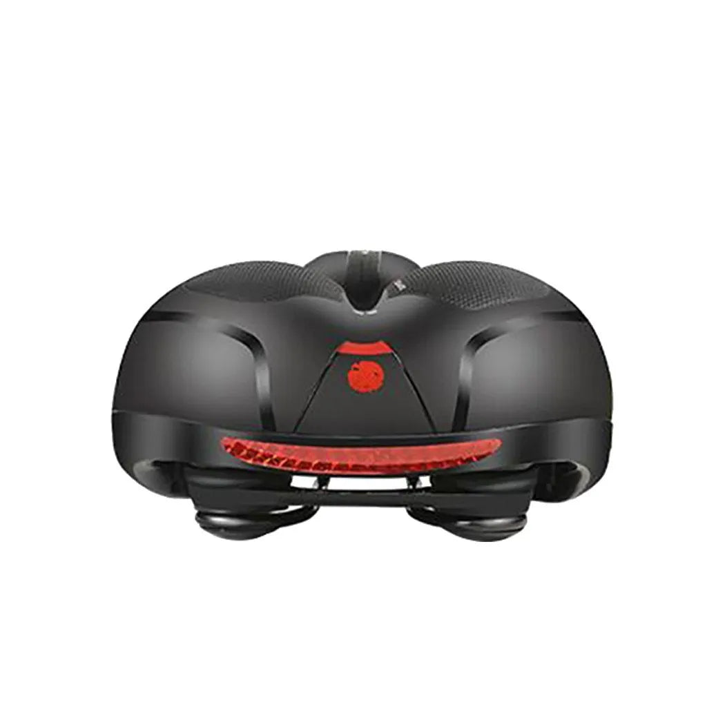 Hollow seat cushion bicycle saddle with PU leather cover, memory foam pad, and PP base, 26x21cm, in blue, red, or yellow.