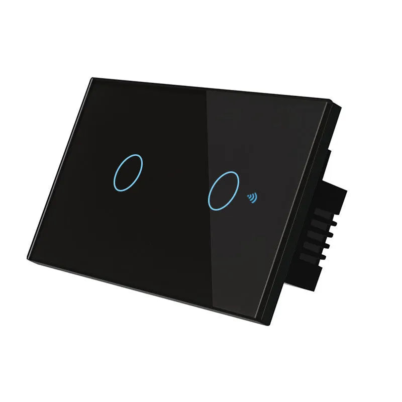 White 2-gang RF remote control wall switch with tempered glass touch panel and LED indicators