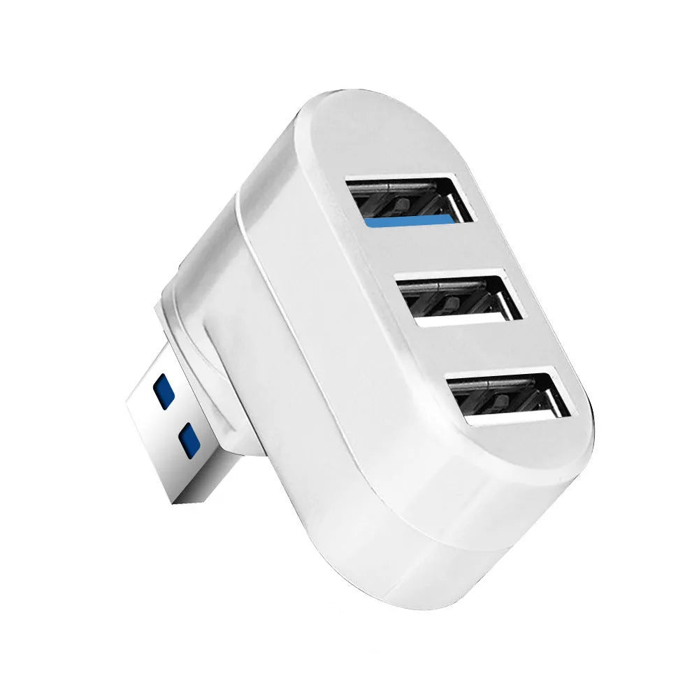 Black and white USB rotary splitter hub showing four USB 3.0 ports on a compact ABS plastic body