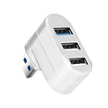 Black and white USB rotary splitter hub showing four USB 3.0 ports on a compact ABS plastic body