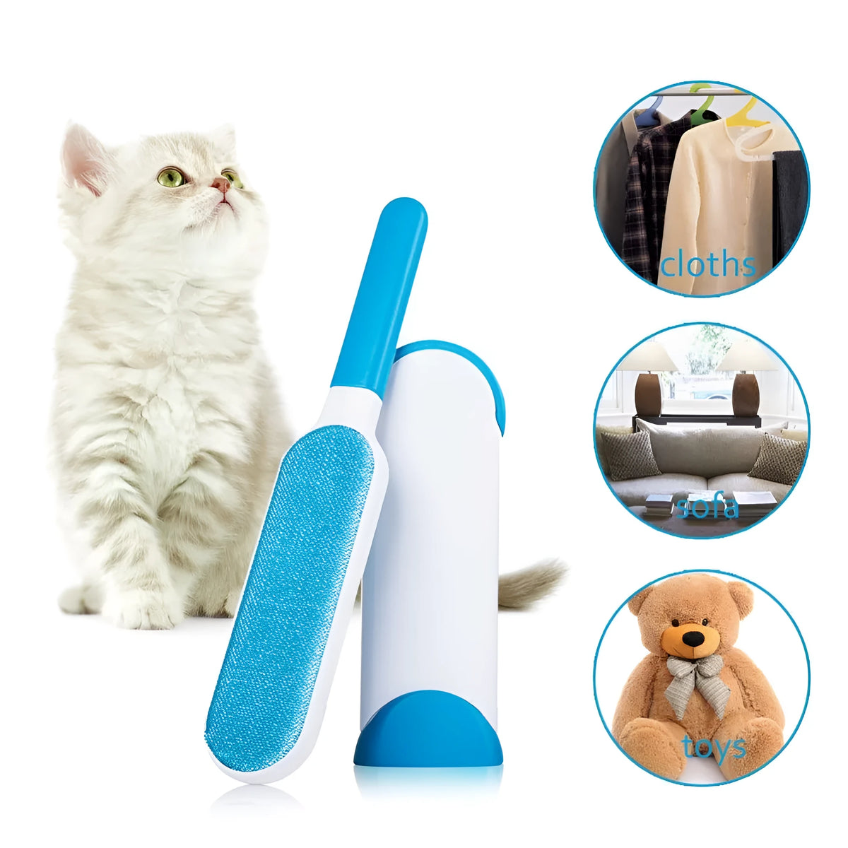 Self-cleaning pet hair removal comb brush for sofas with double-sided sticky roller