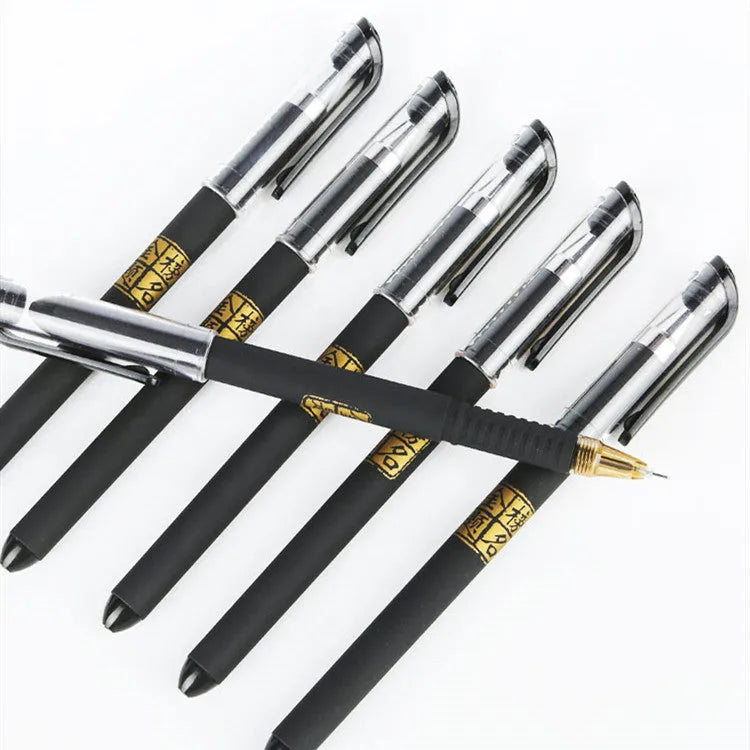 Set of eight black gel pens with anti-fatigue barrels and quick-drying ink.