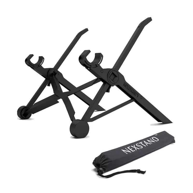 Sagacious black portable folding computer bracket showing adjustable height mechanism