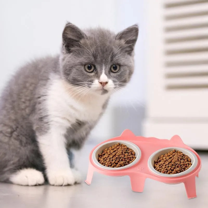 Ceramic elevated cat bowl set with tilted feeding platform on ABS stand in blue, pink, white, or yellow