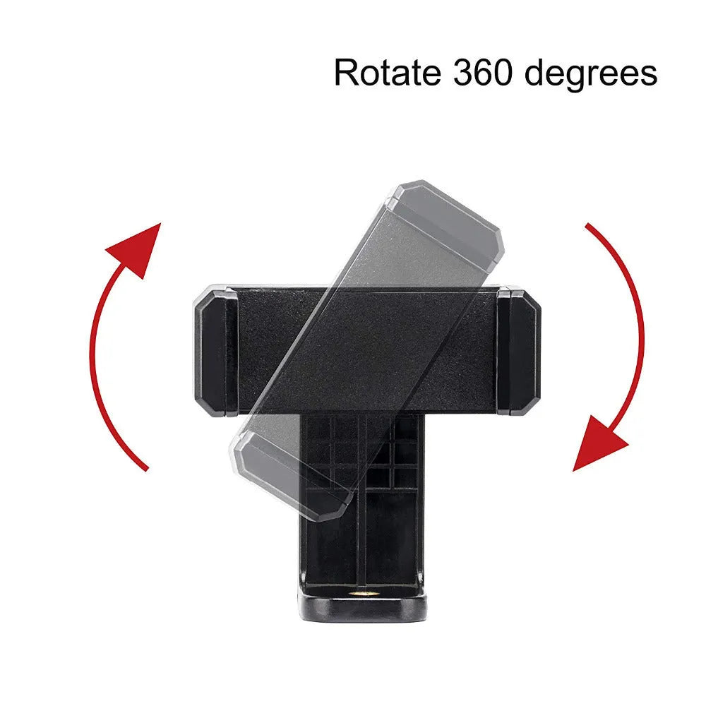 Black plastic single phone holder with rotating clamp mechanism on flat surface