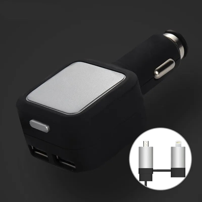 Black and gold dual USB car charger with retractable cable shown plugged into car dashboard