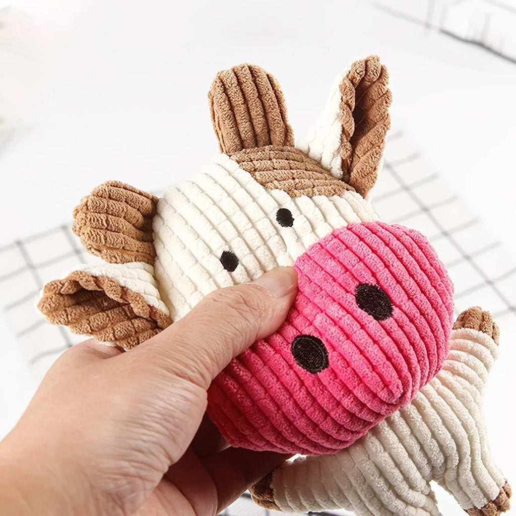Animal shape plush squeaky dog chew toy in multiple colours for small and medium dogs