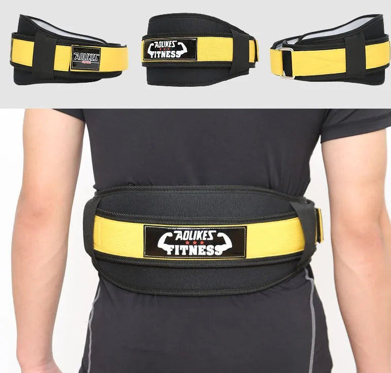 Nylon fitness weightlifting belt for adults on a gym floor, shown in black, red, and yellow colour options.