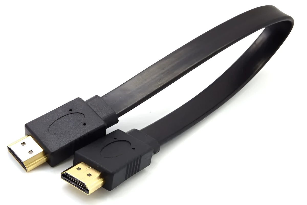 Flat HDMI cable with male connectors showing length options from 0.3 metres to 10 metres