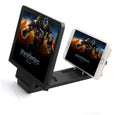 Black foldable mobile phone amplifier stand showing 3D screen enhancement and 8.5cm size