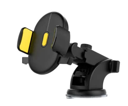 Yellow car phone holder with telescopic arm and suction cup mounted on dashboard showing 360-degree rotation