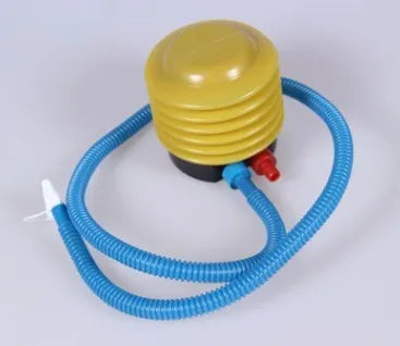 Blue and red plastic pedal foot pump for inflating swim rings and pool toys.