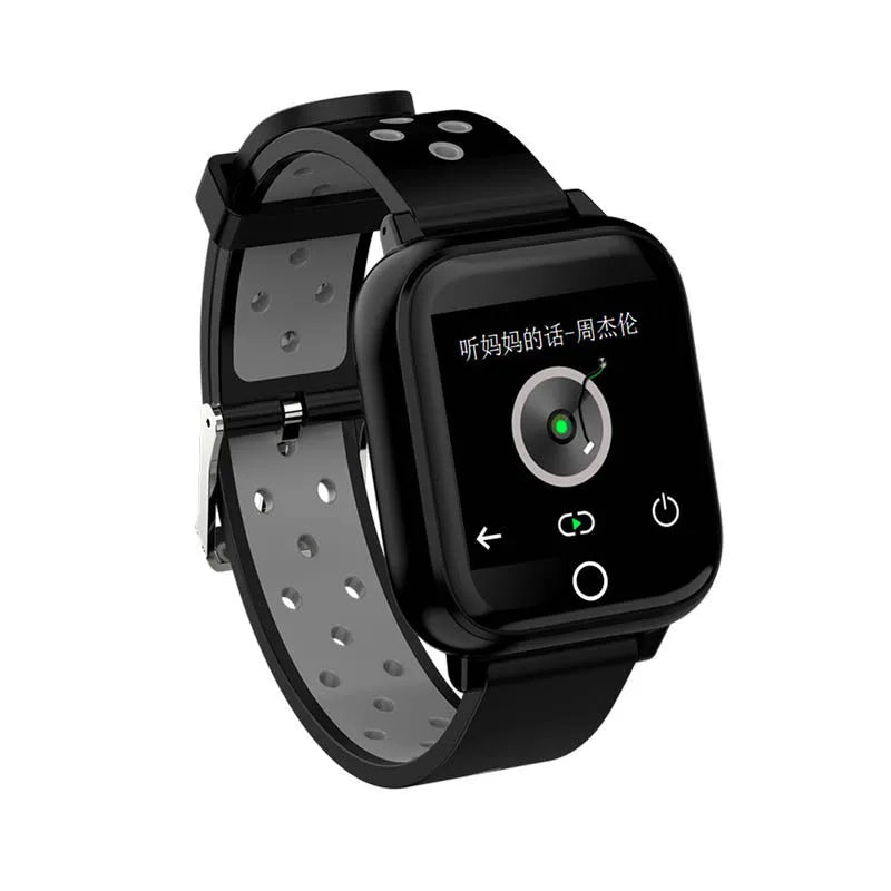 Black smartwatch bracelet with removable Bluetooth earbuds showing 1.4 inch screen displaying heart rate and time