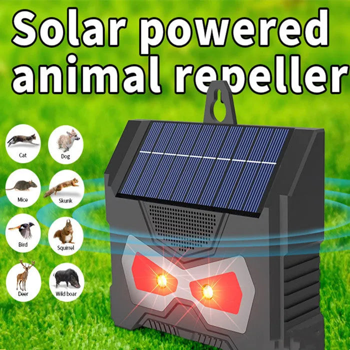 Black solar ultrasonic animal repeller for outdoor pest control with USB charging cable