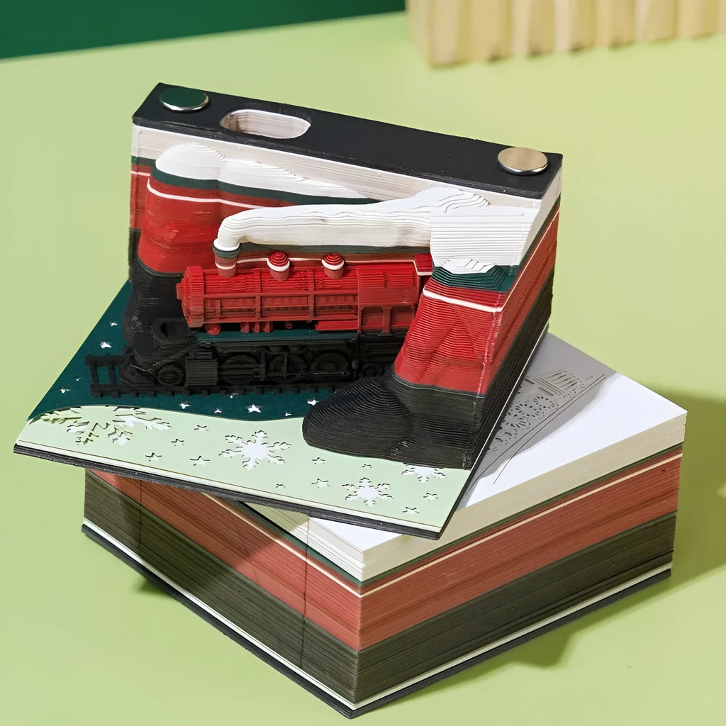 3D carved paper sticky notes desk pad with Qingshui Temple design and Christmas Train cover