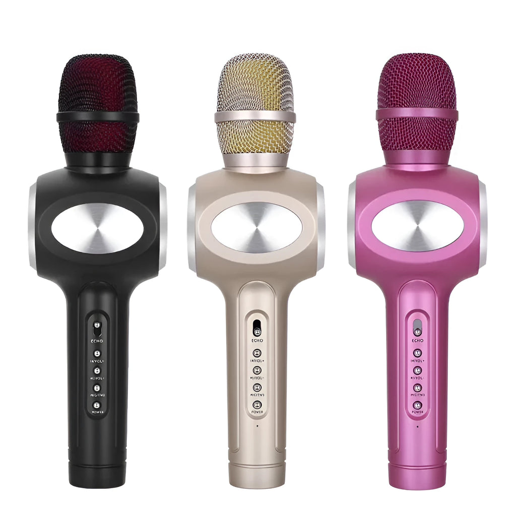 Yaerjia E108 black, gold, and pink mobile karaoke microphone with built-in speakers